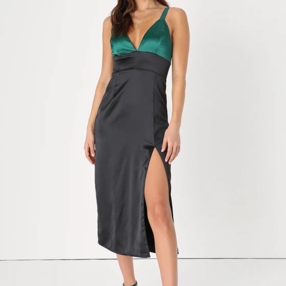 Lulus Modern Moments Green and Black Color Block Satin Midi Dress - Picture 2 of 11